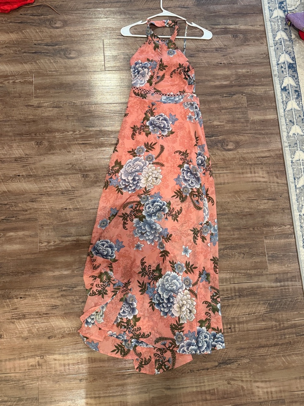 Francesca's Coral Floral Halter Maxi Dress with Blue Blooms
